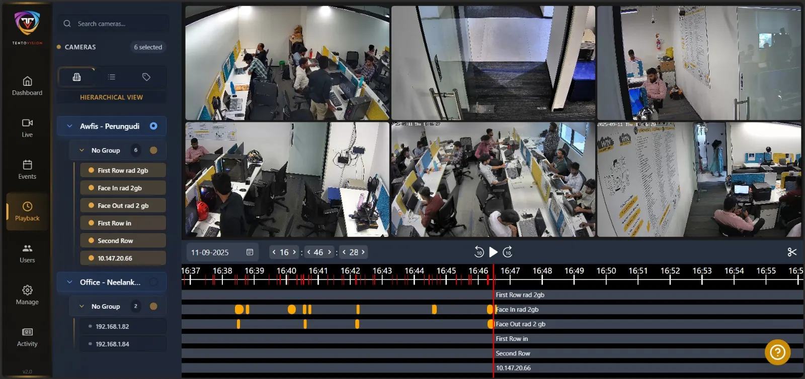 Tentosoft cloud VMS playback timeline with multi-camera scrub and forensic search
